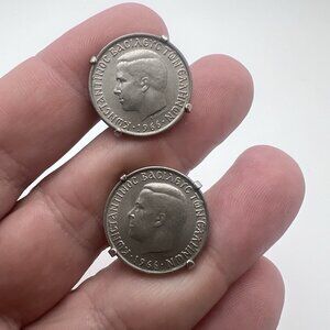 GREECE Coin Cuff Links‎ Repurposed Vintage Greek 50 Lepta Silver Tone Coins
